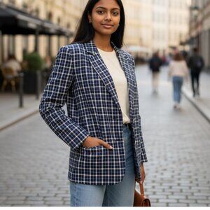 Sag Harbor Checked Plaid Linen-Blend Blue Blazer Jacket Women's Petite Size 8